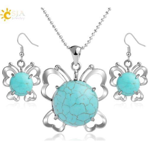 CSJA Turquoises Jewelry Sets Round Dome Green Stone Hollow Butterfly Dangle Earrings Pendant Necklace Party Women Jewellery G054