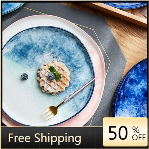 Nordic Ceramic Blue Dinner Plates Party Abstract Fruit Breakfast Tray Salad Pink Pasta Plate Design Vaisselle Tableware HX50DP
