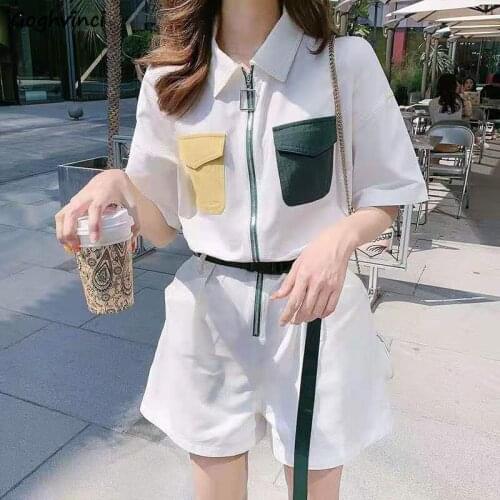 Rompers Women Design Patchwork Lovely Girls Streetwear Turn Down Collar Cozy Harajuku Summer High Waist Simple Office Trendy