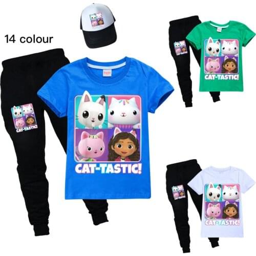 Summer Casual Sportswear CAT-TASIC Cartoon Set for Kids Fancy Girl Christmas Outfit Boys Short Sleeve Cotton T-shirt + Trousers