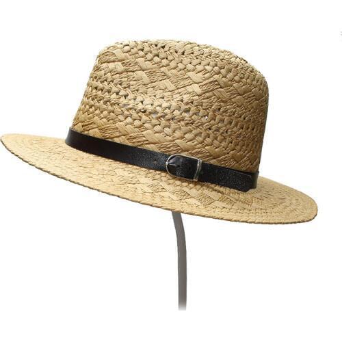 LUCKYLIANJI Summer Womens Mens Unisexs Sun Beach Raffia Fedora Panama Hat Wide Brim Cap Hollow Out Leather Belt Band (58cm)