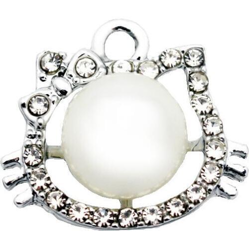 Newest 20pcs/lot Metal Silver Kitty Crystal Pearl Cartoon Dangle Charms Lobster Clasp Charms For Necklace Bracelet DIY Jewelry