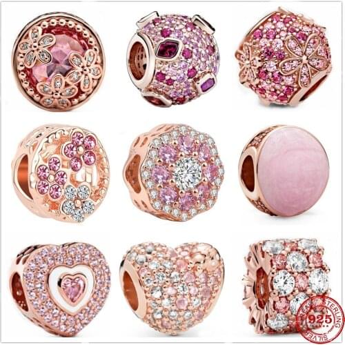 New 925 Sterling Silver Sparkling Freehand Heart petal Bead Charms Rose Gold Fit Pandora charm Bracelets Women DIY Jewelry
