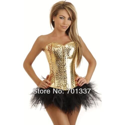 Wholesale Sexy lingerie Gold bustier sequin black corset, black skirt Club Wear S-XXL 8715