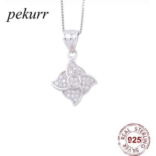 Pekurr 925 Sterling Silver Square Clover Flower Necklace For Women Lucky Leaf Pendants Windmill Fashion Jewelry