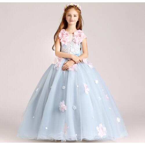 Flower Girl Dresses Princess Appliques Ball Gown Floor-Length Tulle Lace O-Neck Luxury Short Embroidery Kids Party Skirt H107