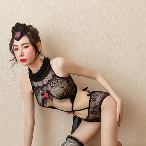 Sexy Lingerie Collar Lace Pattern Butterfly Machine Decoration Cross Hollow Perspective Uniform Temptation Mesh Nurse Stocking