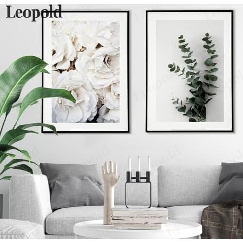 Morden Nordic White Roses and Eucalyptus Branc Poster Print Wall Art Canvas Picture Decor Living Room and Bedroom