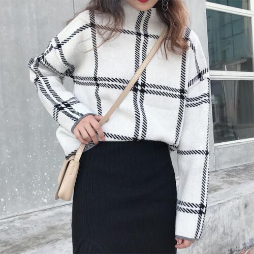 Fanco Sweaters Womens Knitted O-Neck Turtleneck Long Sleeve Plaid Pullovers Autumn Winter Elegant Femme Checked Knitwear Mujer