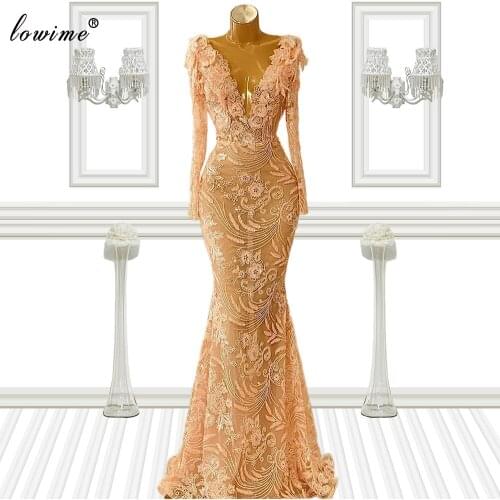 Vintage Lace Evening Dresses Long Mermaid Muslim Evening Gowns With Sleeves Couture Gowns Wedding Party Dresses Robe Femme