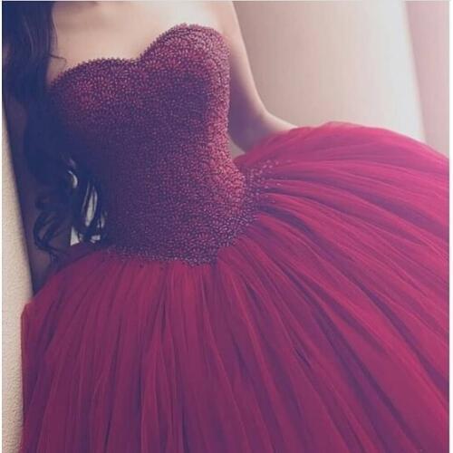 Vestido formatura prom dresses burgundy sweetheart neckline pearls beaded ball gown wine red evening dresses formal dress puffy