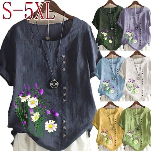 Women Casual Round Neck Short Sleeved Plus Size T-Shirt Loose Summer Fashion Blouse Plus Size Linen Shirt