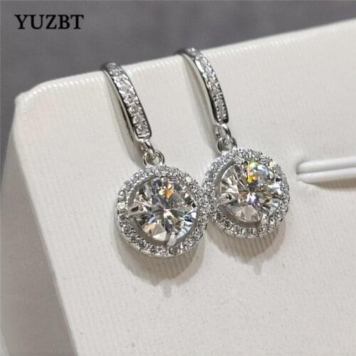 YUZBT Women 925 Silver Total 2 Carat Round Gemstone Drop Earrings Excellent Cut Diamond Test Past D Color Moissanite Earrings