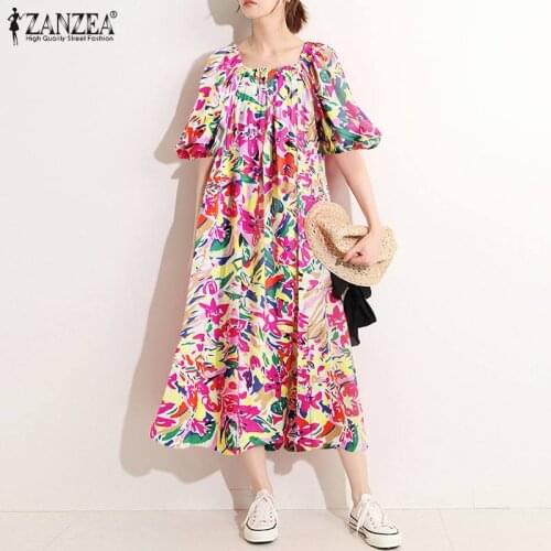 2021 ZANZEA Bohemian Summer Sundress Women Short Puff Sleeve Printed Dress Vintage Floral Loose Midi Vestidos Kaftan