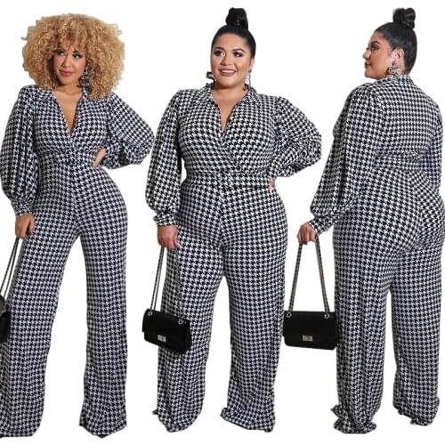 Plus Size Jumpsuit Women Casual Long Puff Sleeve Lapel One Piece Jumpsuits Elegant Loose Printed Romper Wholesale Dropshipping