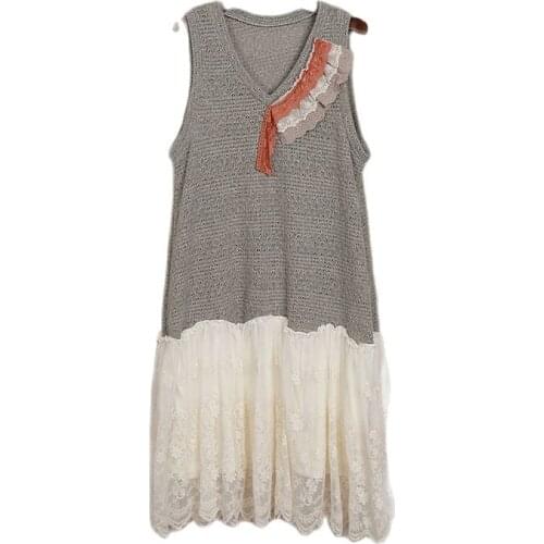 Japanese Mori Girl Vintage Retro Lolita Bohemian Knitted Lace Ruffle Embroidery Patchwork Elegant Sundress Women Autumn Dress