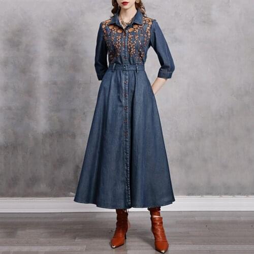 SeeBeautiful Embroidery Lapel Three Quater Sleeve Button Belt Large Size Denim Dress Woman Autumn 2021 New Fashion T383