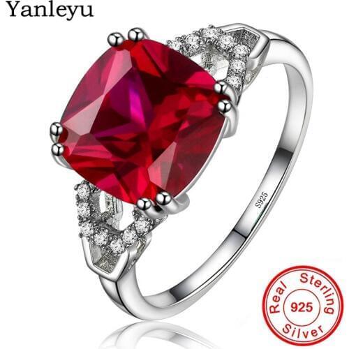 Yanleyu Luxury Red Cubic Zircon CZ Engagement Ring Real 925 Sterling Silver Wedding Bands Finger Ring Women Jewelry PR107