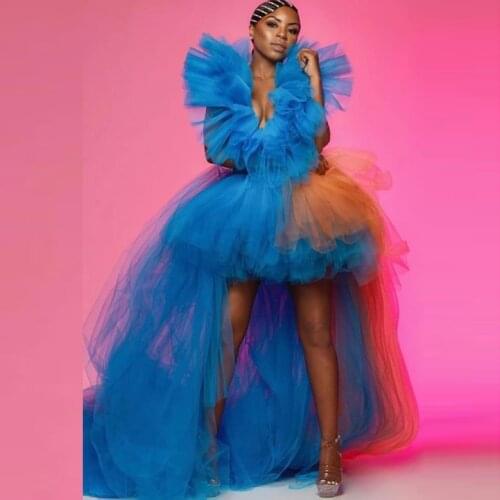 New Splicing Tulle Dresses Hi Low Length Deep V Neck Extra Puffy Tulle Dress Women Party Prom Photo Shoot Tulle Dressing Gown