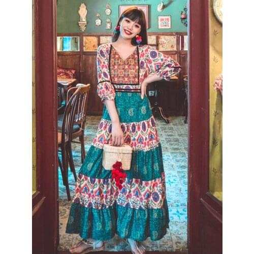 2021 Summer New Womens Ethnic Style Retro Embroidery Three-Quarter Sleeves v-Neck Long Dress Bohemia Travel Beach Print Dress