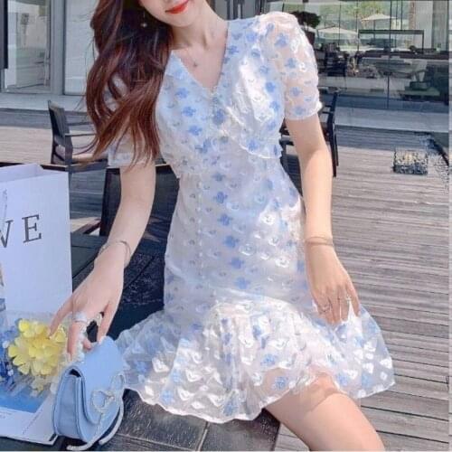 Hstar Casual Pretty Fishtail Dress 2021 Summer Blue Elegant Floral Dresses Women Vintage Sexy V-neck Sweet Mini Dress