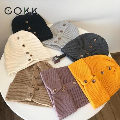 COKK Winter Hats For Women Beanies Korean Wool Knitted Cap Ladies Simple Warm Bonnet Gorras Hat With Button Korean Style New