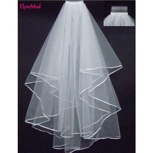 2022 Popular Cheap Simple Ivory Two Layers Tulle Short Bride Wedding Veil With Comb Ribbon Edge Bridal Accesories