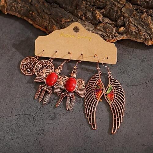 3pcs/Set Vintage Jewelry Earrings Ethnic Pigeon Wing Dangle Earring Champagne Gold Color For Women Stone Accessorie