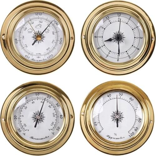 4 PCS/Set Thermometer Hygrometer Barometer Watches Clock Copper Shell Zirconium Marine For Weather Station, 98Mm