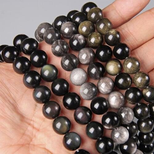 Natural silver color black gold obsidian stone beads for jewelry making Accessories loose spacer gem stone beads men women gifts