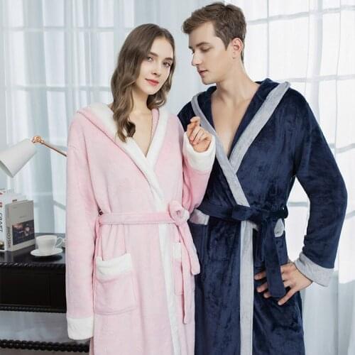 Dressing Gown Womens Solid Flannel Hooded Long Bathrobe Winter Ladies Robes with Sashes Terry Thick Pajamas for Female 2021