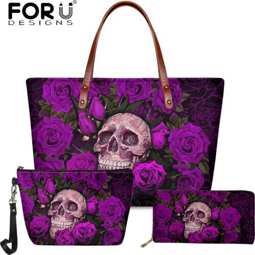 FORUDESIGNS Personlized Skull and Rose Flower Printed Handbag for Woman Luxury Fashion Shoulder Bag and Purse Set Bolsa Mujer