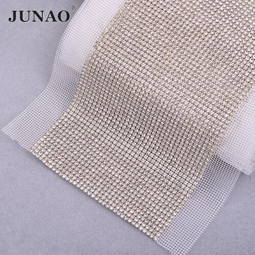 JUNAO 36 Rows*5Yard SS12 Sewing Clear Glass Rhinestone Trim Fabric Diamond Mesh Crystal Ribbon Band Strass Applique for Dress