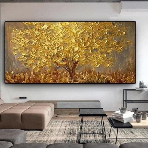 Large Knife Gold Tree Painting on Canvas Wall Art Modern Landscape Picture Oil Prints and Poster for Living Room Home Decoration