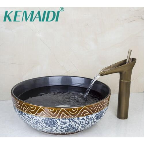 KEMAIDI Retro Blue And White Porcelain Ceramic Bowl Sinks / Vessel Basins With Bathroom Brass Waterfall Faucet Sink Set