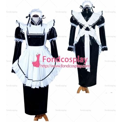Fondcosplay adult sexy cross dressing sissy maid long French Lockable Black heavy PVC Dress Uniform Costume Tailor-made[G3985]