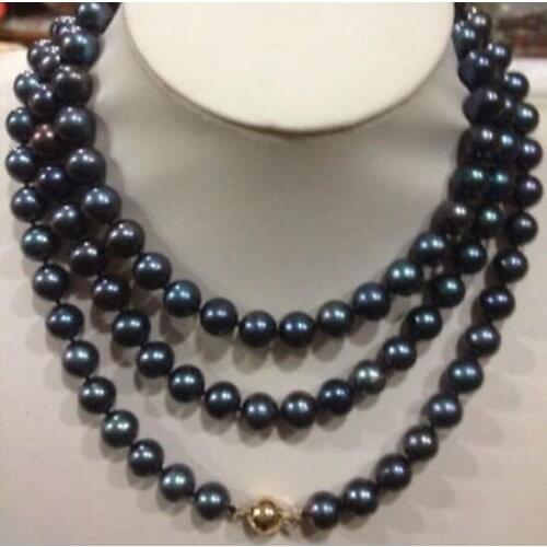 Beautiful Natural 8-9 mm AAA Black Tahitian Pearl Necklace 52" Yellow clasp