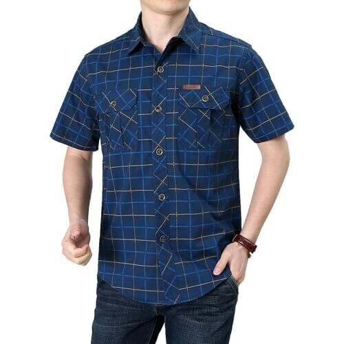 Plus Size 5XL Summer Mens Shirts Military Casual Loose Shirt Men Plaid Short Sleeve Single Breasted Shirt Camisas Para Hombre