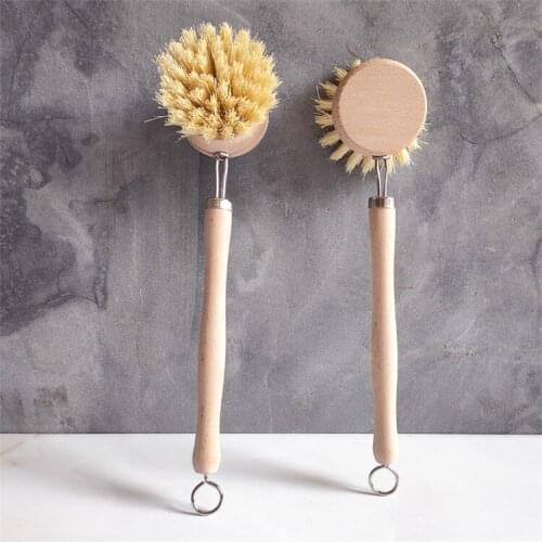 Long Handle Solid Wood Bamboo Replaceable Head Sisal Pot Brush Kitchen Cleaning Dishwashing Brushes