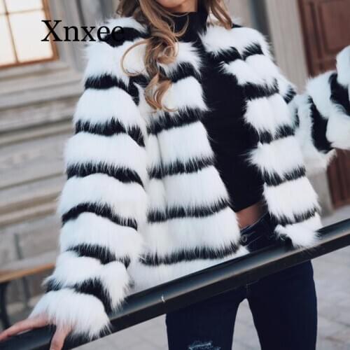 Fashion Black White Striped Faux Fur Coat Autumn Winter Long-Sleeved Short Style Jacket Womens O-Neck Warm Coats Plus Size