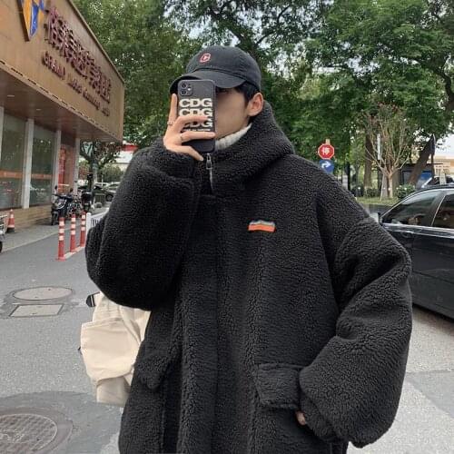 Men Oversized Hoodie Lamb Wool Coat Mens Plus Velvet Thick Winter Padded Jacket Fashion New Korean Loose Warm Cotton Outerwear