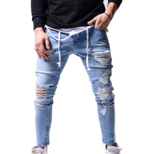 2021Mens Hip-hop Hole Ripped Jeans Skinny Side Striped Casual Pants Slim Fit Men Stretch Biker Pencil Denim Trouser