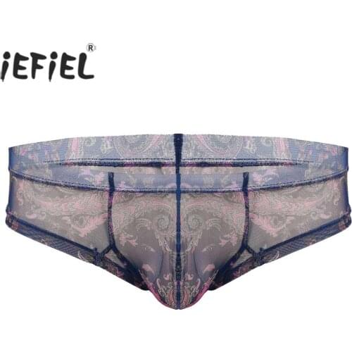 Gay Sissy Panties Men See Through Sheer Mesh Lingerie Low Rise Bulge Pouch Flower Printed Briefs Sexy Underwear Underpants