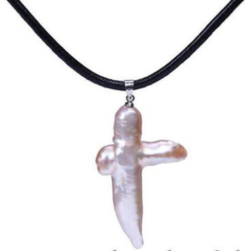 REAL Natural Pearl Freshwater Pearl Pendant 17" NECKLACE Leather Chain