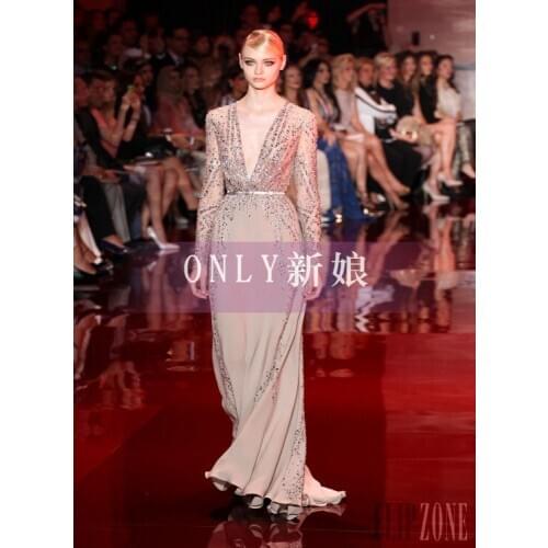 2018 new design vestido de noiva Formal long sleeve luxury crystal slit style dress Elegant party gown mother of the bride dress