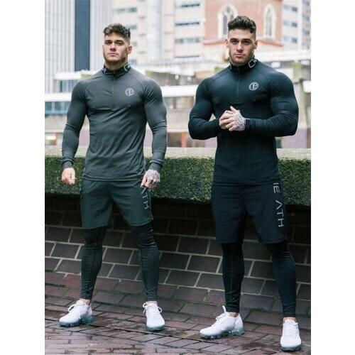New Three-Piece Bodybuilding Cycling Stretch Tracksuits Tight Long Sleeve Sportswears+Mens 2in1 Leggings pants Men Fitness Suis