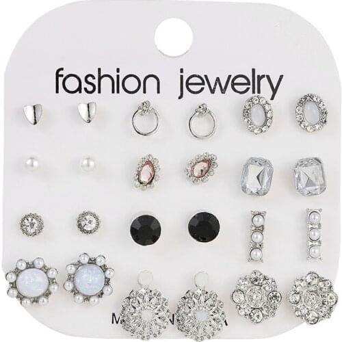 New Arrival 12 Pairs of Simple Crystal Earrings Womens Fashion Jewelry Wholesale