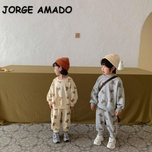 2021 New Autumn Kids Girls Pajamas 2-pcs Sets Round Collar Grey Beige Cartoon Bear Sweatershits + Pants Newborn Clothes E0679