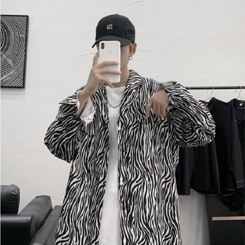 Autumn Zebra Print Shirt Mens Korean Style Trendy Shirt Long-sleeved Loose Harajuku Couple Clothes Chemise Homme Korean Shirts