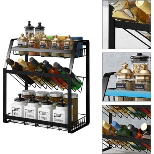 New 3 Layers Kitchen Spice Rack Stainless Steel Countertop Spice Jars Bottle Shelf Kitchen Organizer Shelf Black Storage Holder